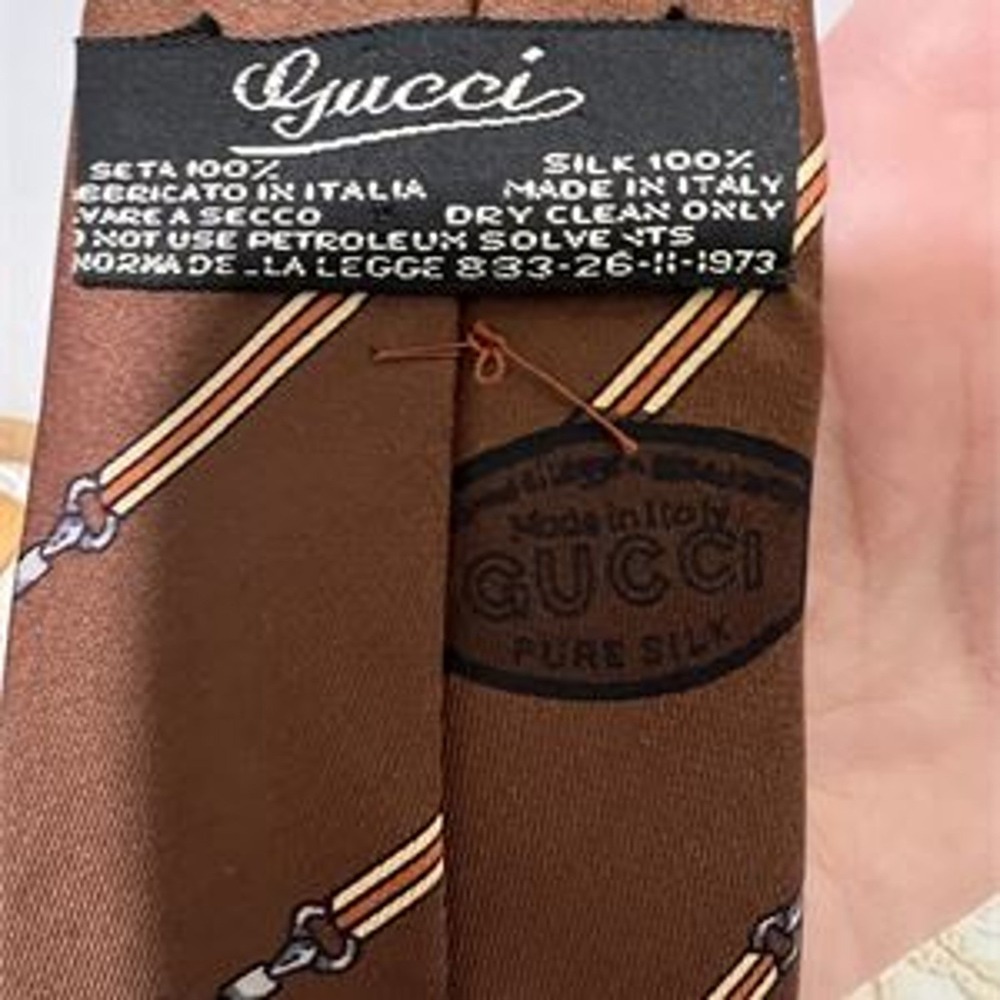 Vintage Gucci Mens Silk Neck Tie Brown Equestrian Stirrup Horseshoe Italy